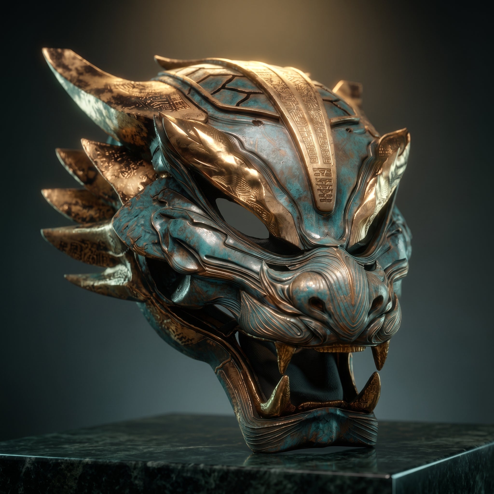 Máscara Dragón Celestial | Yelmo Oriental Turquesa | Escultura Edición Limitada Firmada | Arte Fantástico de Autor