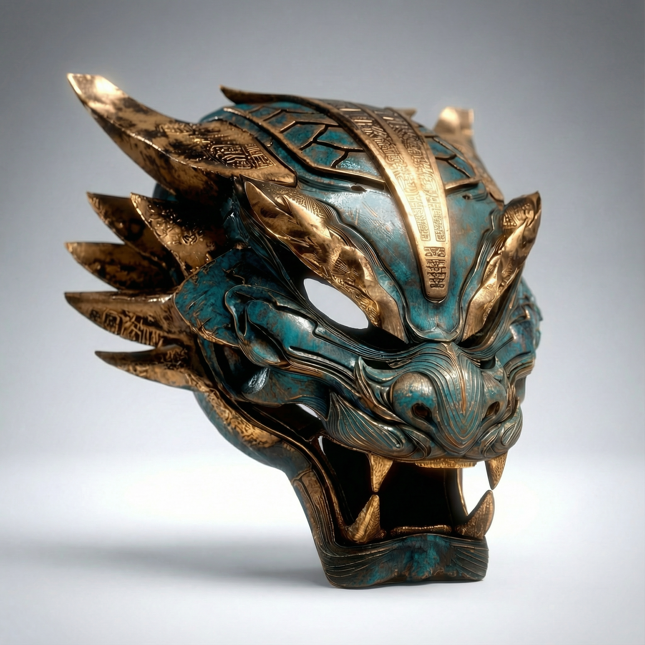 Máscara Dragón Celestial | Yelmo Oriental Turquesa | Escultura Edición Limitada Firmada | Arte Fantástico de Autor