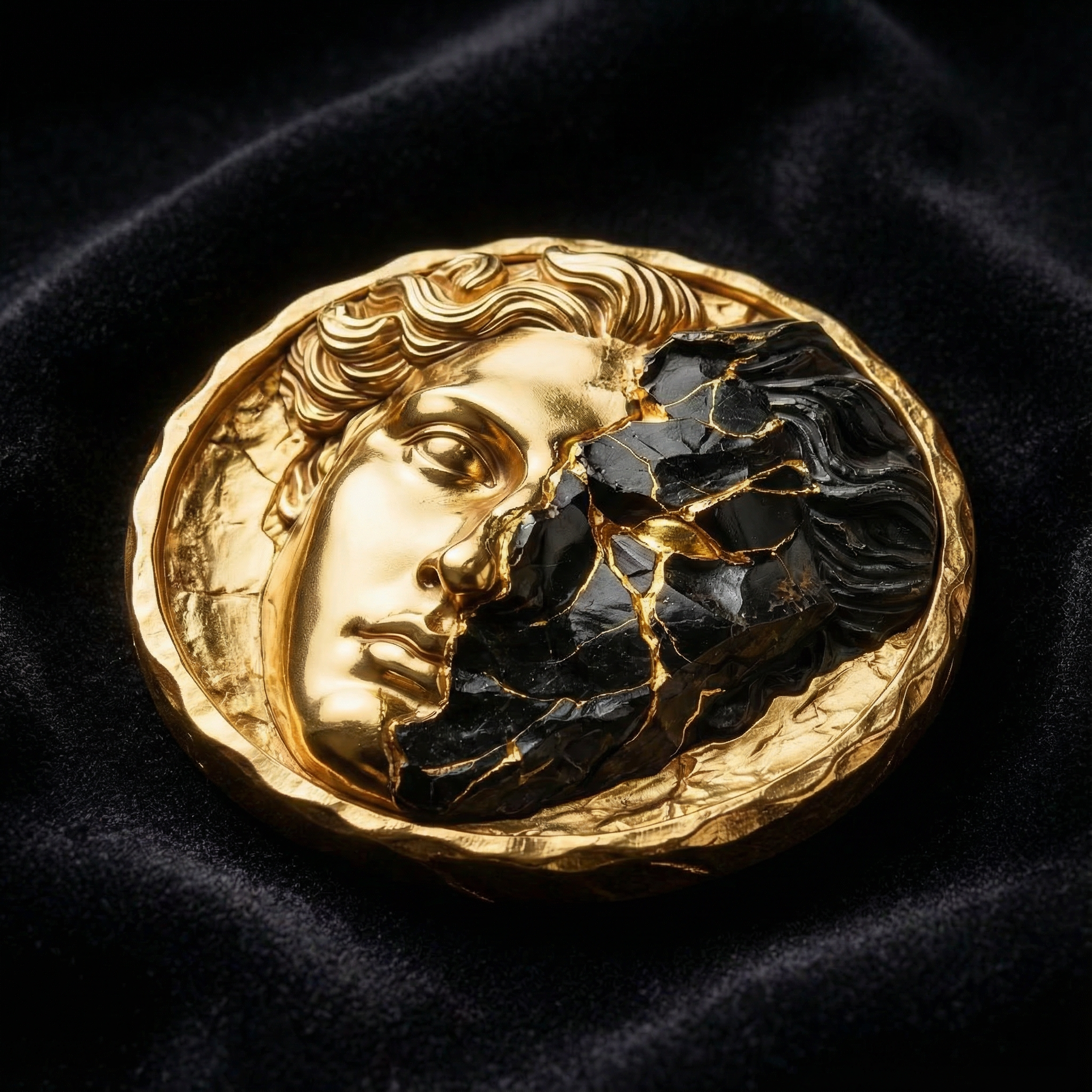 Título: Medallón Dualitas – Contraste de Oro y Ceniza