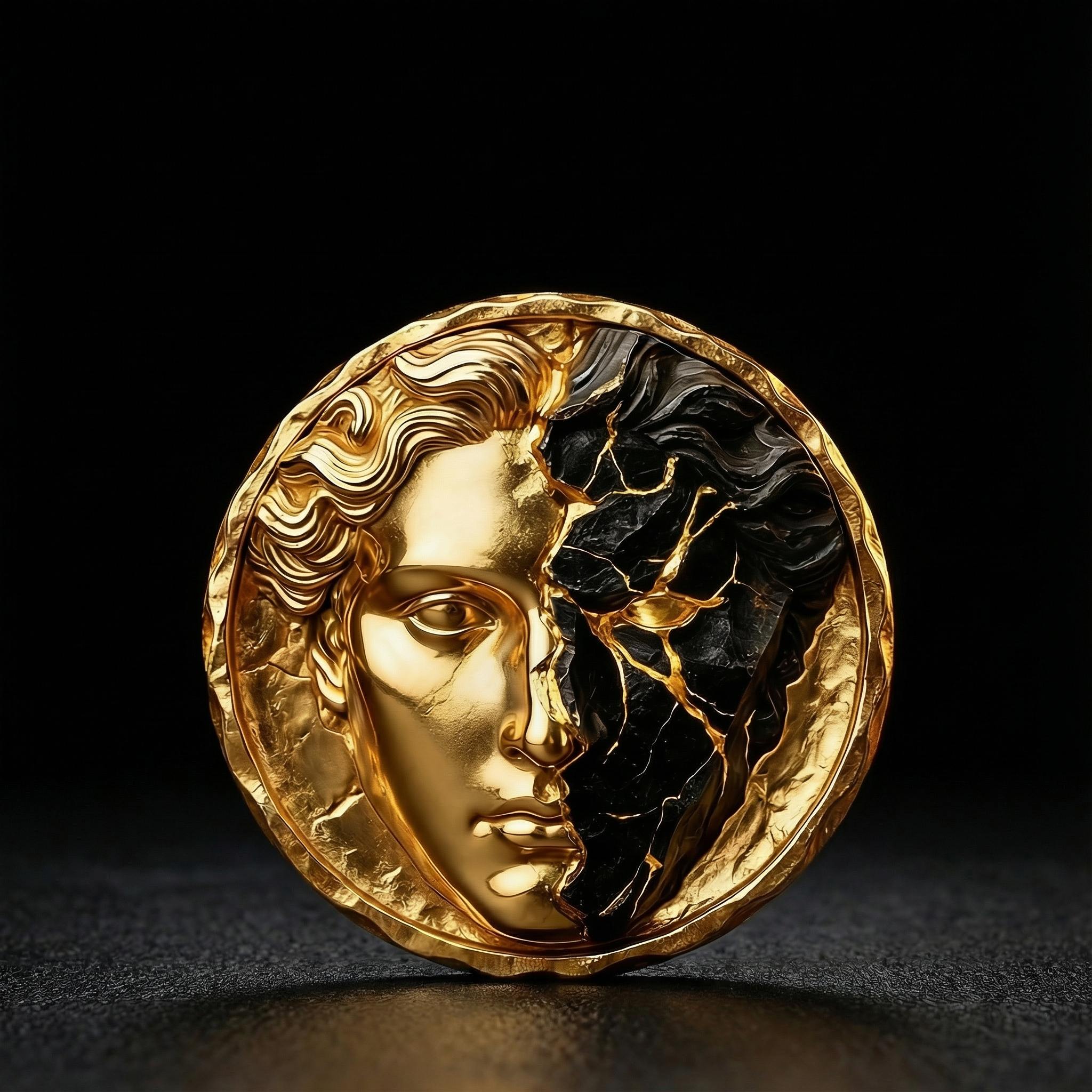 Título: Medallón Dualitas – Contraste de Oro y Ceniza