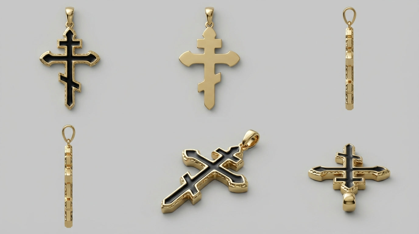 Cruz Romana/Ortodoxa – Diseño Original en oro y esmalte negro