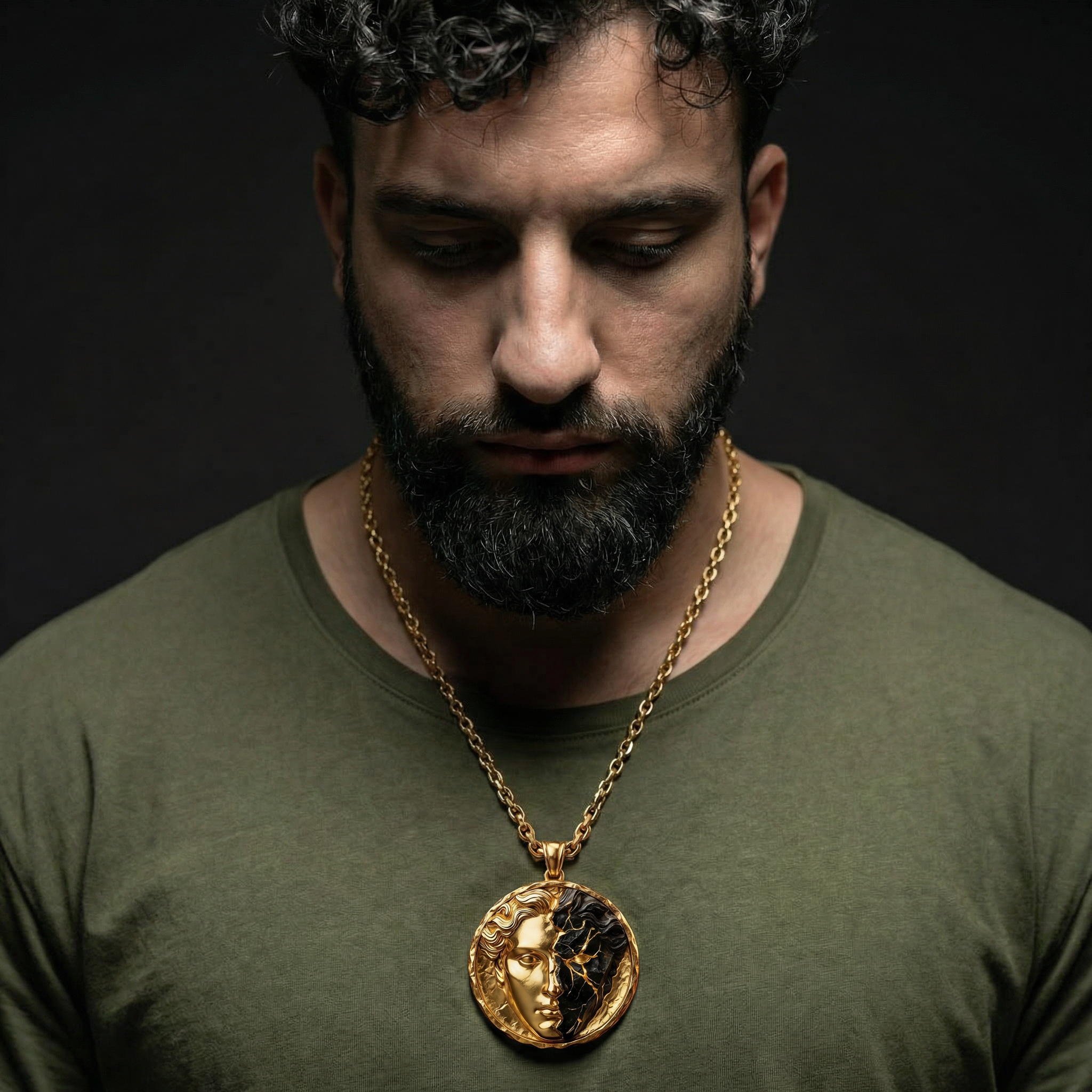 Título: Medallón Dualitas – Contraste de Oro y Ceniza